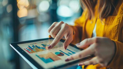 Poster - A businesswoman analyzing financial graphs and charts on a digital tablet, making strategic decisions based on data