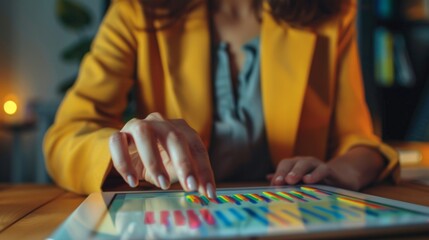 Poster - A businesswoman analyzing market trends and financial data on a digital tablet, using business graphs to make informed decisions