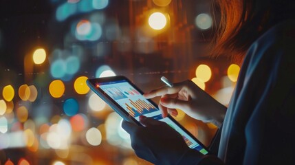 Poster - A businesswoman analyzing market trends and financial data on a digital tablet, using business graphs to make informed decisions