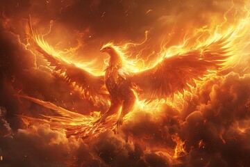 Mythical phoenix bird with fiery wings soaring through the night sky