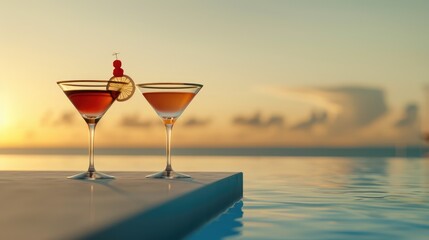 Two champagne glasses on the edge of infinity swimming pool at sunset. Drink, celebrate, vacation and summer concept.