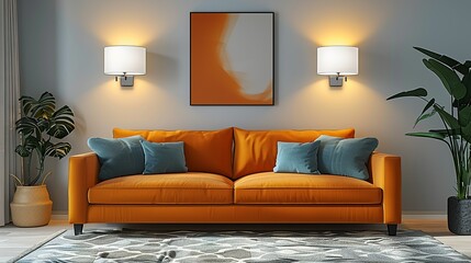 Sticker - A pair of modern sconces with clean lines and white shades, mounted on the wall above the sofa for ambient lighting. Flat color illustration, shiny, Minimal and Simple,