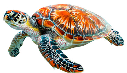 Wall Mural - A close-up of a vibrant sea turtle, emphasizing its colorful, detailed shell and intricate patterns, highlighting its natural beauty, isolated on transparent background