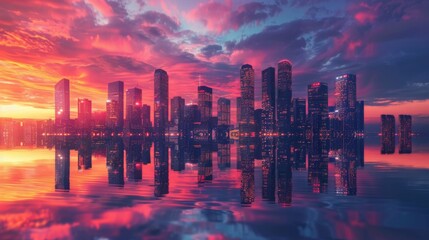 Canvas Print - A city skyline with skyscrapers reflecting the colors of a vibrant sunset, creating a picturesque urban panorama