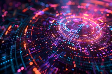 Wall Mural - A colorful, abstract image of a circle with many different colors and shapes. The image is full of bright, neon colors and has a futuristic, sci-fi vibe