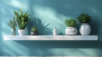 Wall Mural - A contemporary wall-mounted display shelf with a clean design, showcasing a few small plants and decorative objects. Flat color illustration, shiny, Minimal and Simple,