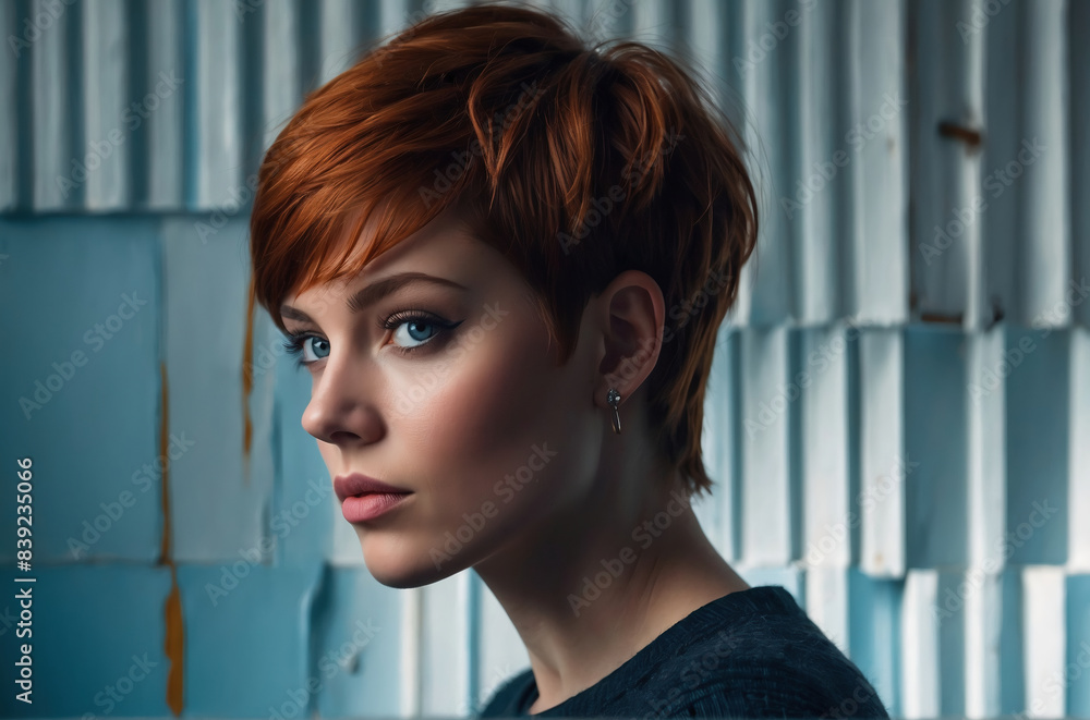 Striking Woman with Red Hair and Blue Eyes Posing Against an Artistic ...
