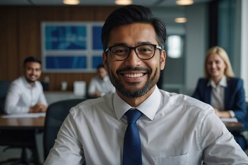 Wall Mural - Portrait, smile and businessman with meeting in office for sales planning, partnership and seminar. Employee, training and corporate workshop with pride for company, management and collaboration