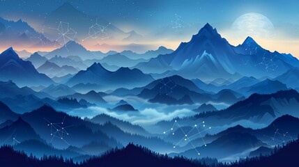 Wall Mural - A majestic mountain range with mist rolling through, with faint outlines of electrons and protons floating in the air, suggesting a fusion of natural grandeur and atomic particles. Flat color