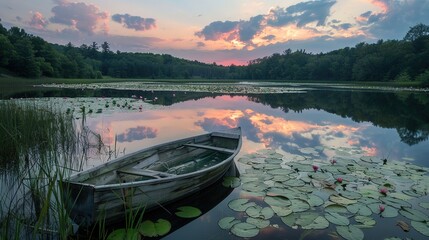 Wall Mural - Serene pond at sunset with a rustic boat and blooming lily pads reflecting light clouds