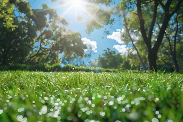 A low angle view highlights the contrast between the neatly trimmed grassy yard and the wild beauty of the botanical garden