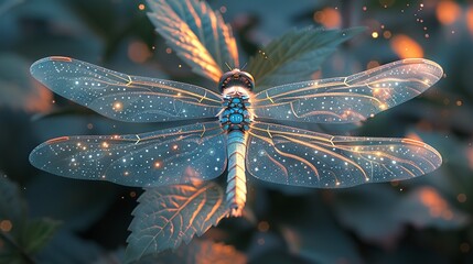 A detailed close-up of a dragonfly resting on a leaf, with its wings subtly patterned with electrons and protons, blending natureâ€™s artistry with atomic structures. Flat color illustration, shiny,
