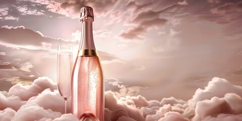 Wall Mural - Pink champagne bottle design against fluffy clouds sky pink sparkling wine 3d render. Concept 3D Rendering, Pink Champagne Bottle Design, Fluffy Clouds Sky, Sparkling Wine, Pink Aesthetic