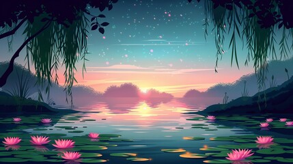 A serene riverbank with willows and water lilies, enhanced with subtle patterns of electrons and protons, emphasizing the deep bond between the tranquility of nature and atomic particles. Flat color