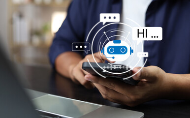 Aufkleber - AI Artificial Intelligence,Digital chatbot, Man chatting with digital assistant chatbot on mobilephone on internet application,Future of customer service man utilizes AI chatbot for instant assistance