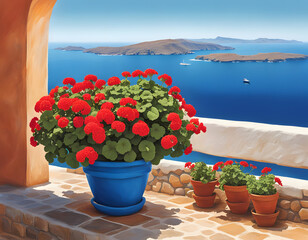 Wall Mural - Blue flowerpots with geraniums and the Mediterranean Sea in the background - Greece
