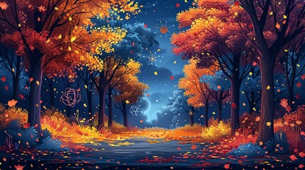 Wall Mural - A peaceful autumn forest with colorful leaves gently falling, where faint, glowing electrons and protons float among the trees, creating a sense of scientific magic in nature. Flat color