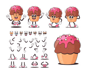 Wall Mural - Set Of Cartoon Cupcake Characters, Construction Animation Kit With Various Face Expressions And Poses, Arms, Legs