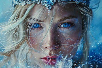 Wall Mural - portrait blond woman, blue eyes, ice crown
