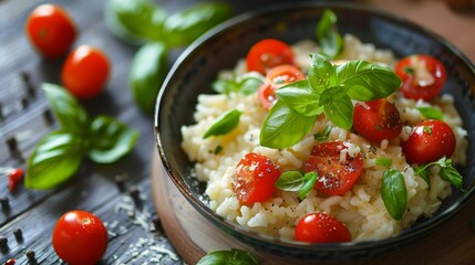 Wall Mural - Risotto with tomatoes and basilikum, food photography, 16:9