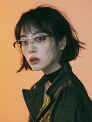 Wall Mural - a fashion photography with korean female model with short black hair, glasses