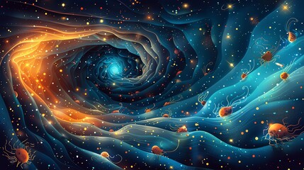 Wall Mural - An abstract depiction of a wormhole with stars and light bending around it, featuring tiny, bizarre creatures resembling insects and single-celled organisms. Flat color illustration, shiny, Minimal