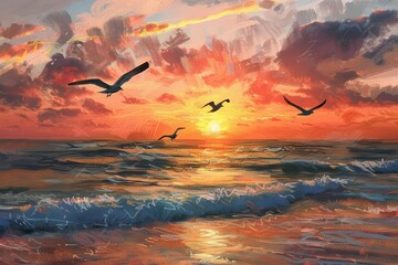 Canvas Print - Seaside Sunset with Silhouetted Seagulls