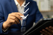 © GamePixel - Digital Checklists for efficient business management, Businessman touching marking on checklist guide to paperless assessment and Future Success, Streamlining operations with online surveys.