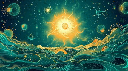 Wall Mural - A 2D flat design of a planetary nebula with a central white dwarf, featuring peculiar, microscopic life forms resembling a combination of insects and cells. Flat color illustration, shiny, Minimal