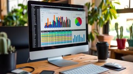Aufkleber - A desktop computer screen displaying a spreadsheet with colorful business graphs and charts, symbolizing financial analysis