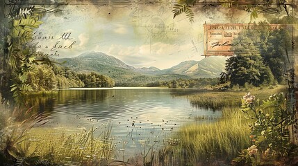 Sticker - Tranquil Lake Scene with Ephemera Border in Retro Style