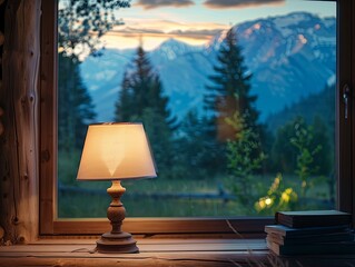 Poster - view of the moutains through wooden small country home, a round table lamp