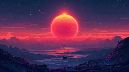 Poster - A flat design of an alien sun rising over a distant planet, with tiny, strange life forms hovering in the planet's upper atmosphere. Flat color illustration, shiny, Minimal and Simple,