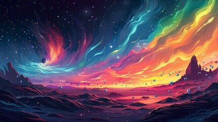 Wall Mural - An illustration of a colorful aurora on an alien planet, with tiny, peculiar life forms resembling insect-cell hybrids floating in the magnetic field. Flat color illustration, shiny, Minimal and