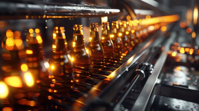 Beer bottles on the conveyor belt, alcohol, beer, drink, beverage, bottles, cold, glass, brewery, water, Factory, liquor, pub, industry.