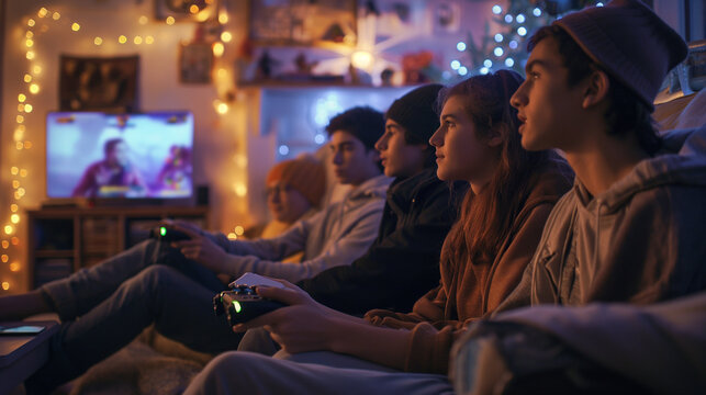 A group of teenagers playing video games together in a cozy living room, immersed in excitement and camaraderie.