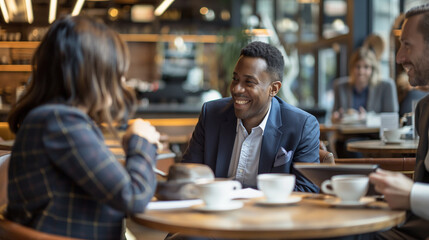 Wall Mural - Colleagues having a morning coffee meeting at a stylish cafÃ©, discussing business ideas and strategies in a relaxed setting.