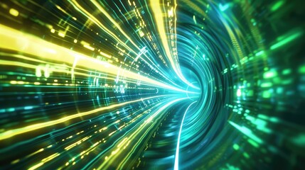 Poster - abstract futuristic background portal tunnel with yellow blue and green glowing neon moving high speed wave lines. Data transfer concept. Technology background