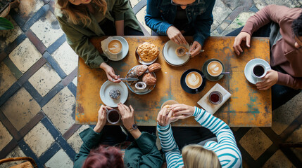 A book club meeting at a local coffee shop, discussing their latest read over cappuccinos and biscotti.