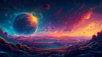 Wall Mural - A flat design of an exoplanet with a thick, colorful atmosphere, surrounded by small, bizarre life forms that look like insect-cell hybrids floating in the sky. Flat color illustration, shiny,