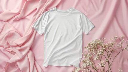 Sticker - White T-Shirt on Pink Satin Fabric with Floral Accents