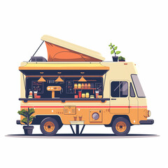 A yellow food truck with a canopy on top and a plant on the roof. The truck is parked on a white background