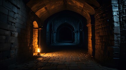 Dark dungeon long medieval castle corridor backgrounds, scary endless medieval catacombs with torches.