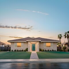 Wall Mural - AI generated illustration of a house surrounded by palm trees, grass, and trees on each side