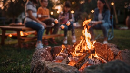 Wall Mural - Families roasting marshmallows over a crackling fire pit, making delicious summer s'mores treats 