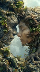 Wall Mural - Surreal and ethereal fusion between man and nature, characterized by a male and female tree intertwined in a fascinating embrace.