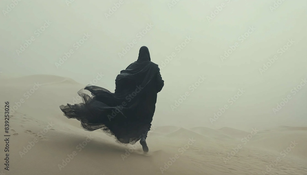 A person in a black cloak is running through a sandy desert. The figure ...