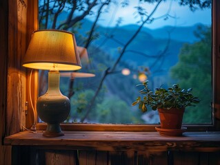 Poster - view of the moutains through wooden small country home, a round table lamp