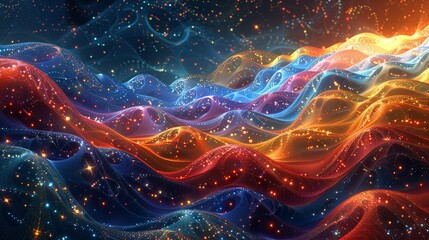 Wall Mural - A fractal landscape of quantum fluctuations, exhibiting self-similar patterns across different scales. Flat color illustration, shiny, Minimal and Simple,