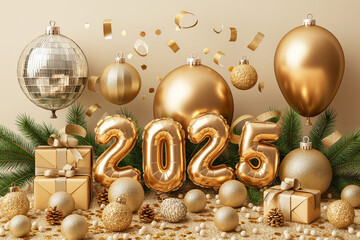 Wall Mural - Happy new year 2025  text golden balloons with gold confetti, gifts and mirror ball on a beige background. Luxury balloons  2025 number, ai technology